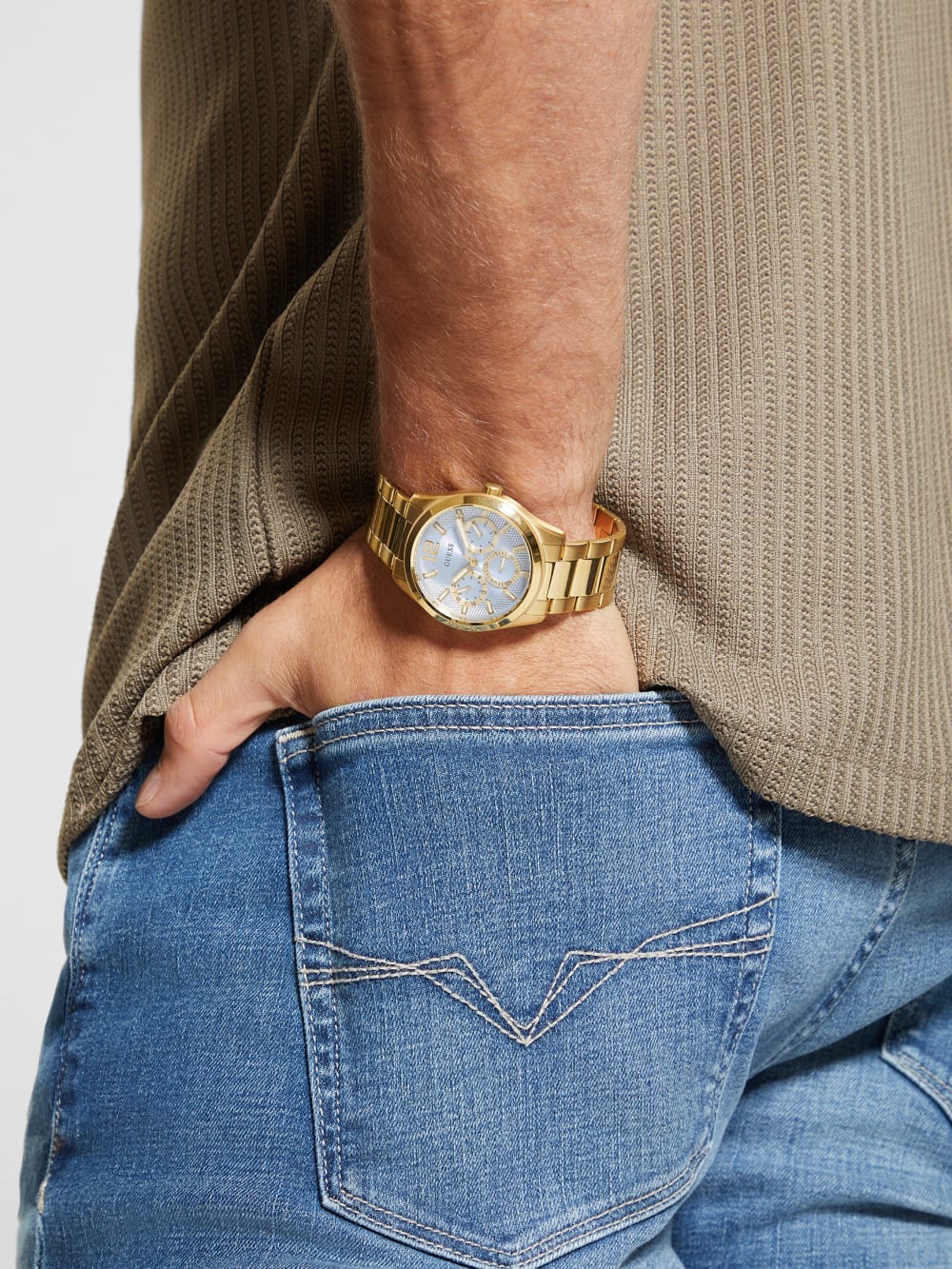 Gold-Tone and Textured Blue Multifunction Watch - Guess