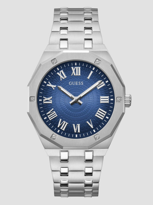 Silver-Tone and Blue Octagonal Analog Watch - Guess