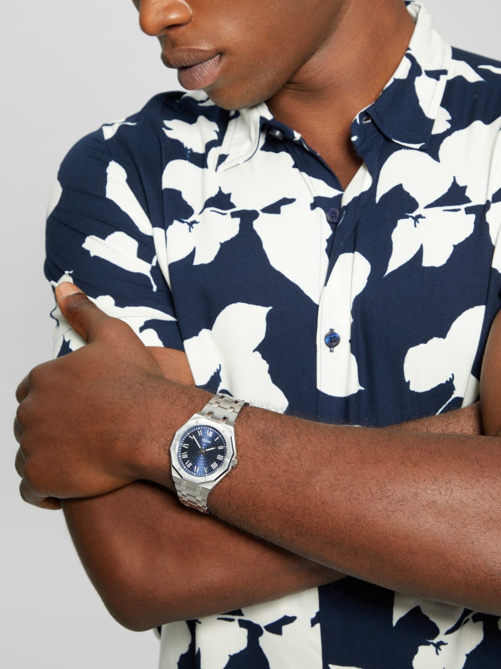 Silver-Tone and Blue Octagonal Analog Watch - Guess