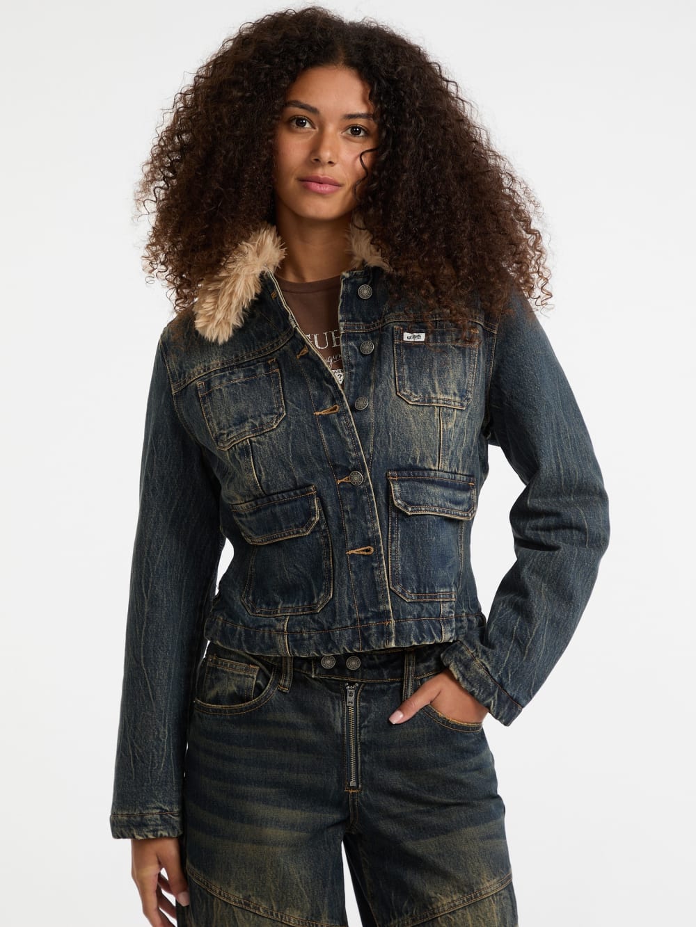 GUESS Originals Faux-Fur Denim Aviator Jacket - Guess