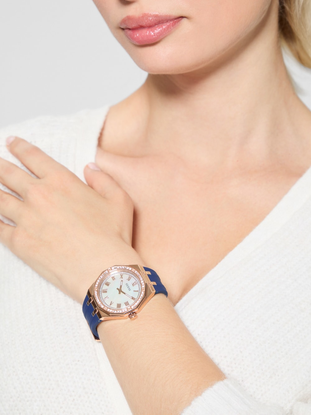 Rose Gold-Tone and Navy Silicone Analog Watch - Guess