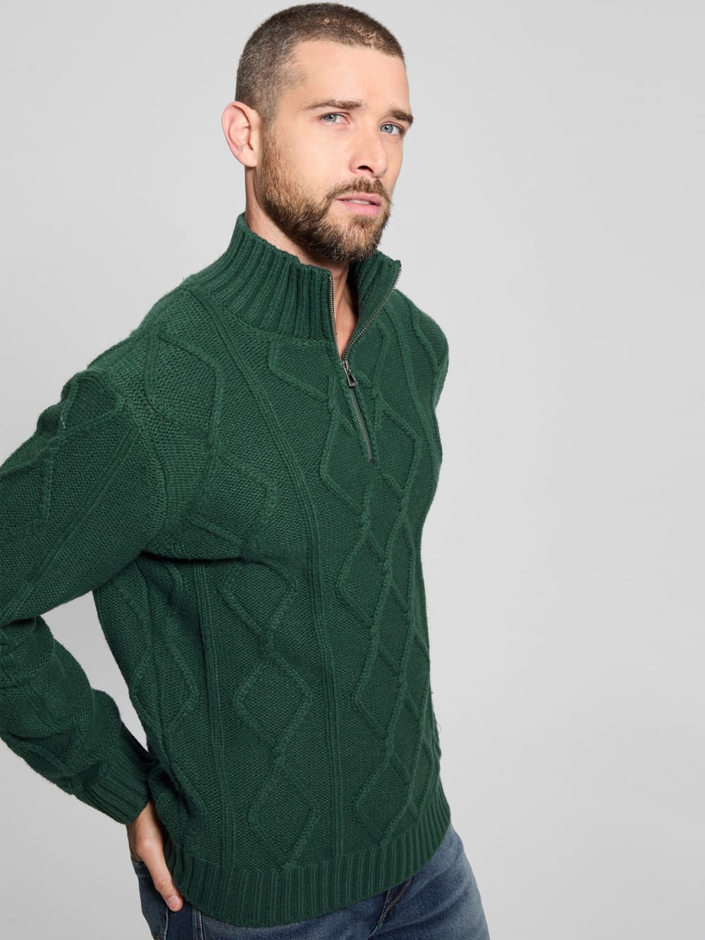 Diamond Cable-Knit Half-Zip Sweater - Guess