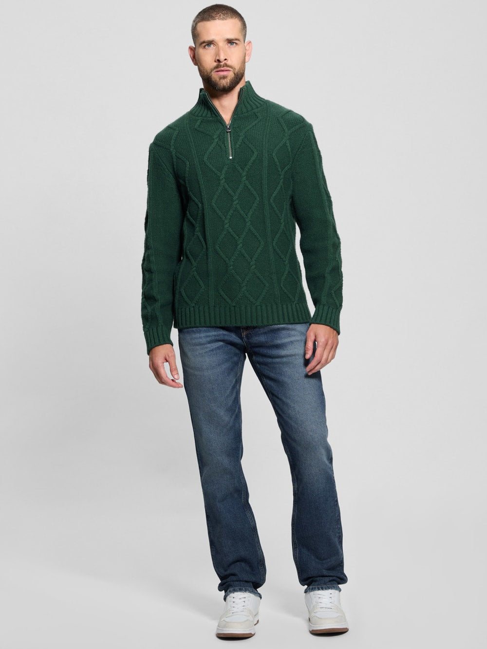 Diamond Cable-Knit Half-Zip Sweater - Guess