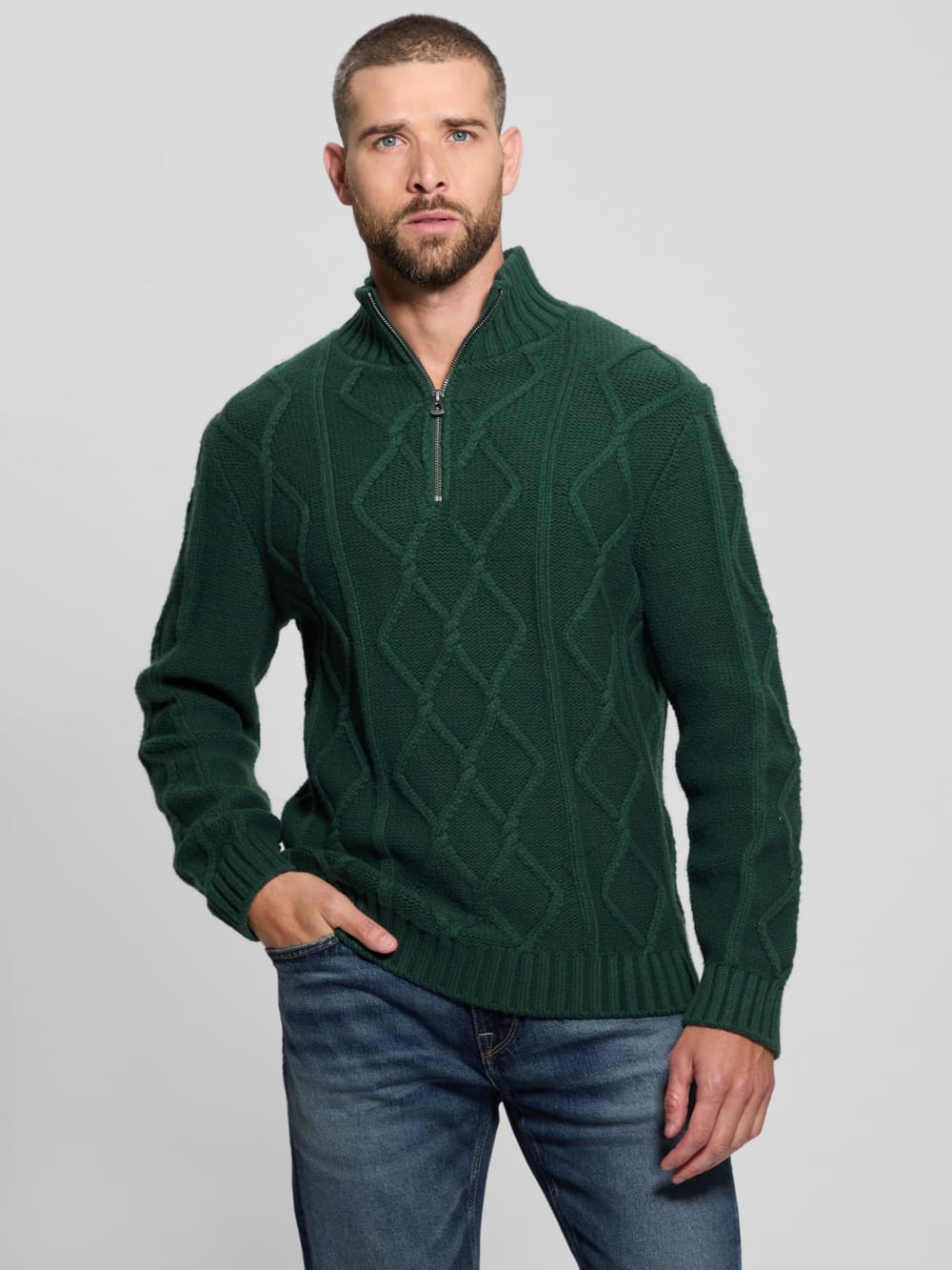 Diamond Cable-Knit Half-Zip Sweater - Guess