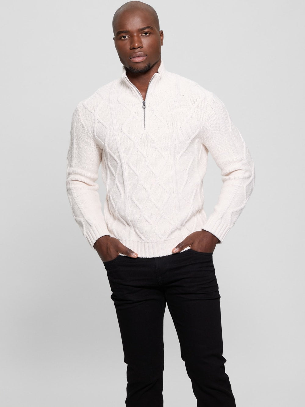 Diamond Cable-Knit Half-Zip Sweater - Guess