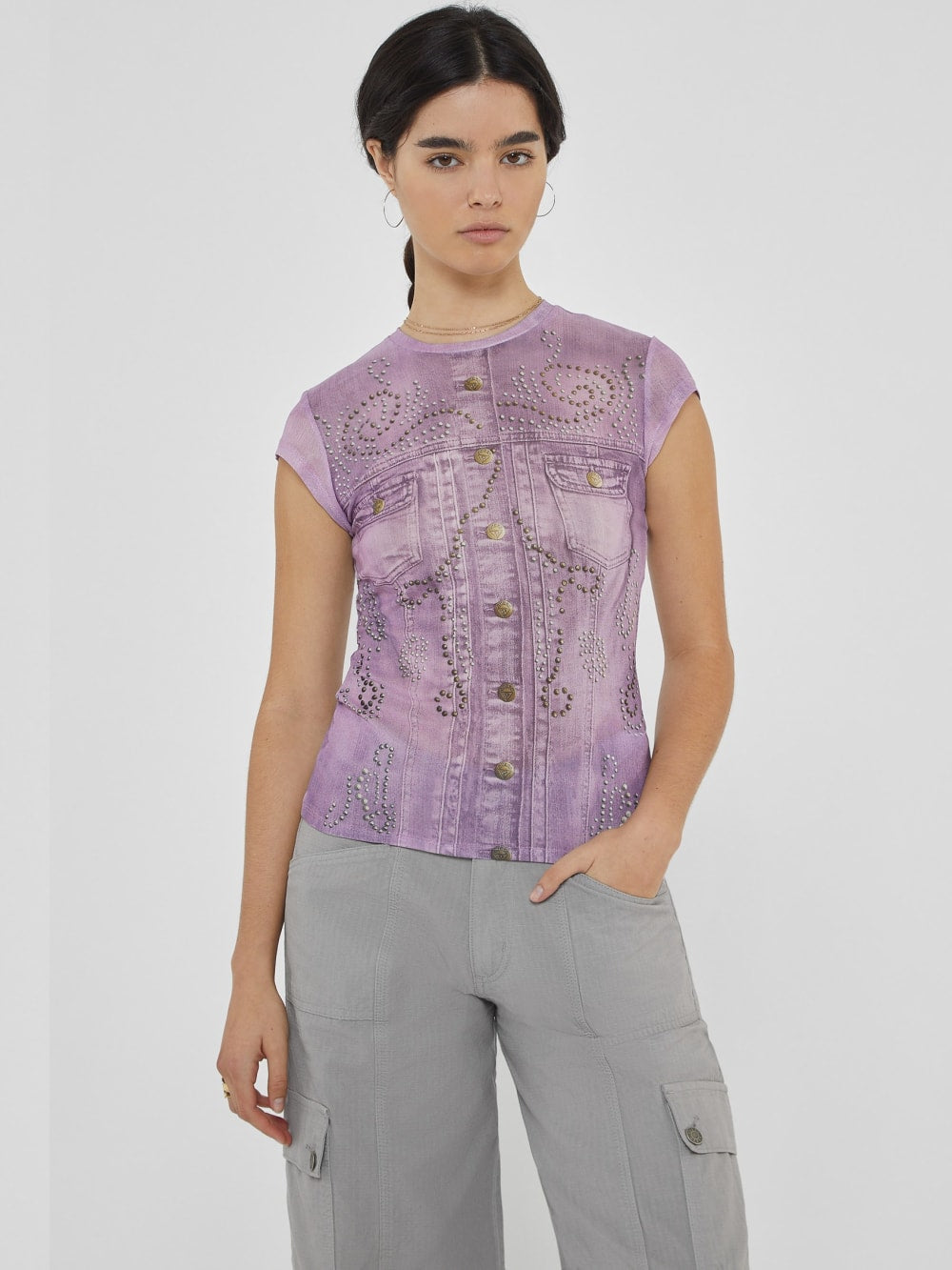 GUESS Originals Printed Stud and Denim Mesh Top - Guess