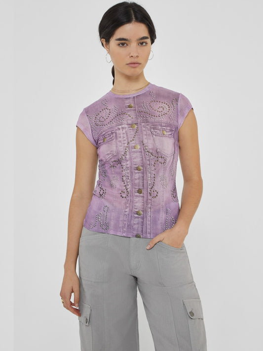 GUESS Originals Printed Stud and Denim Mesh Top - Guess