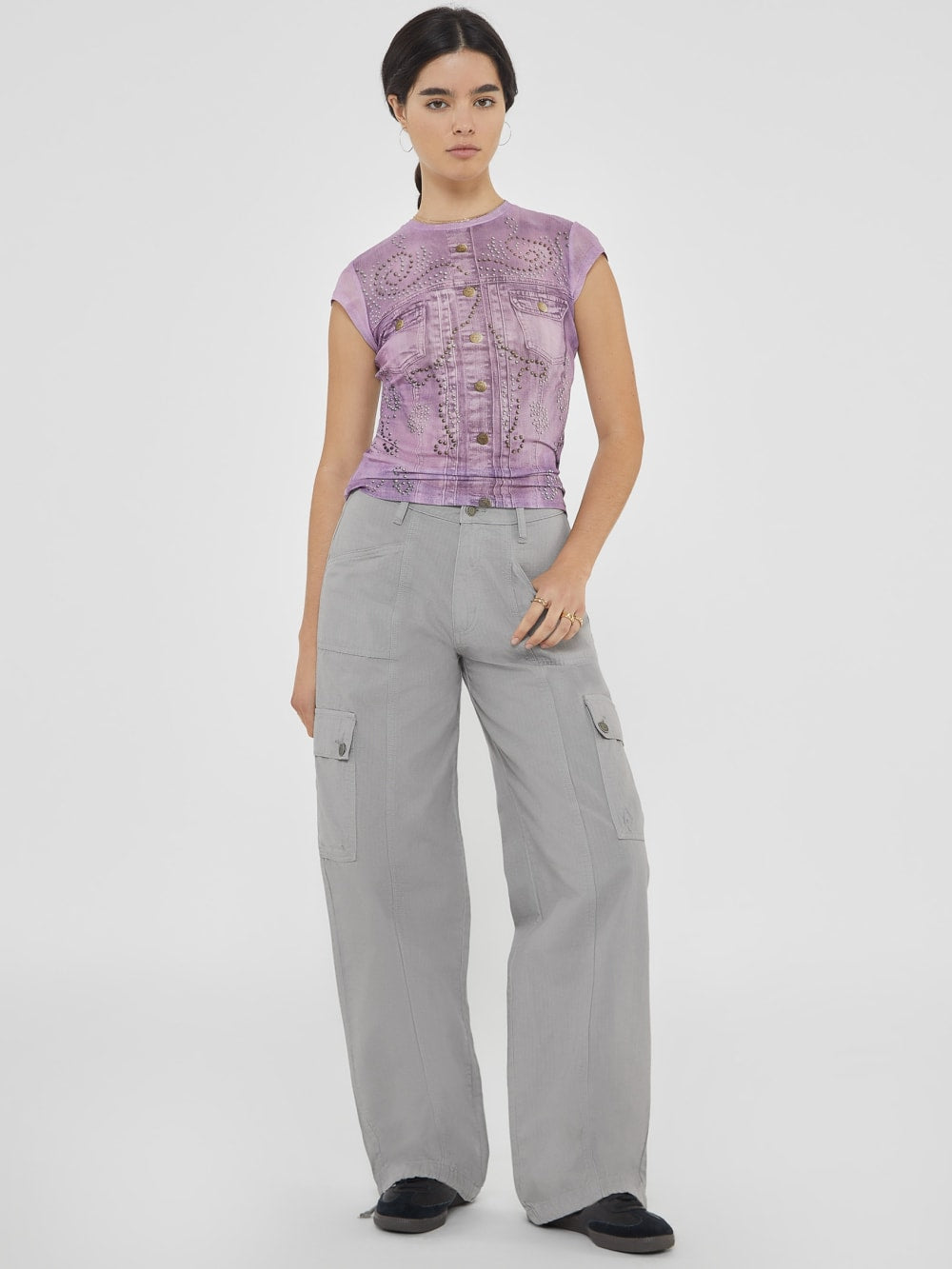 GUESS Originals Printed Stud and Denim Mesh Top - Guess
