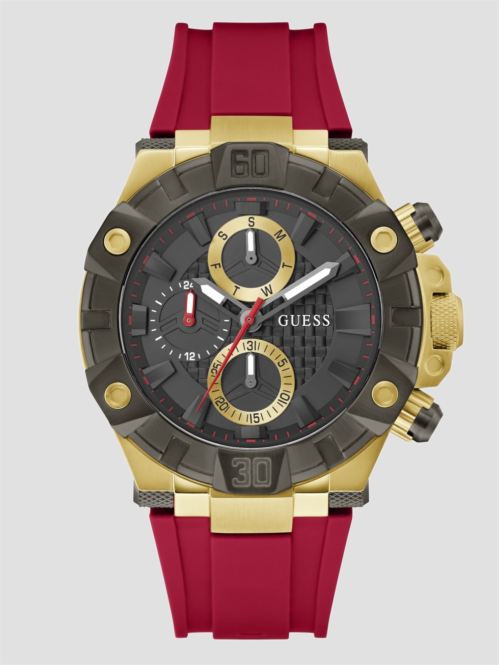 Gold-Tone and Red Silicon Multifunction Watch - Guess