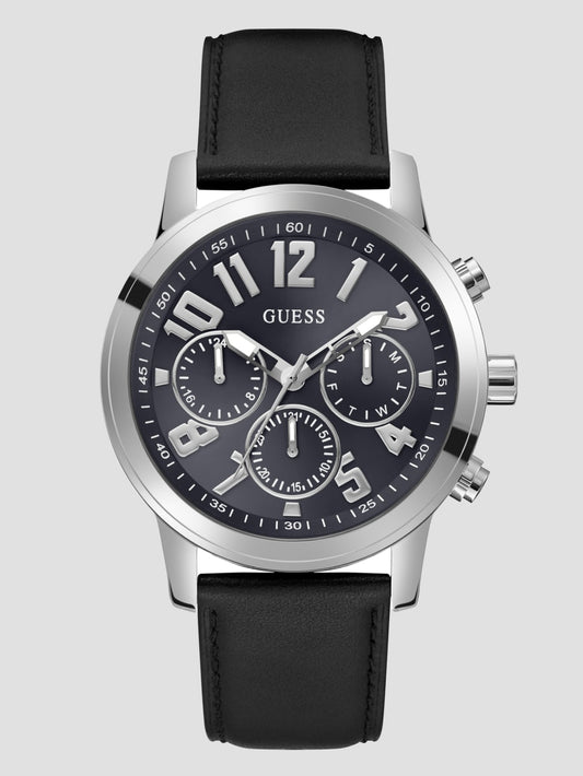 Silver-Tone Leather Multifunction Watch - Guess