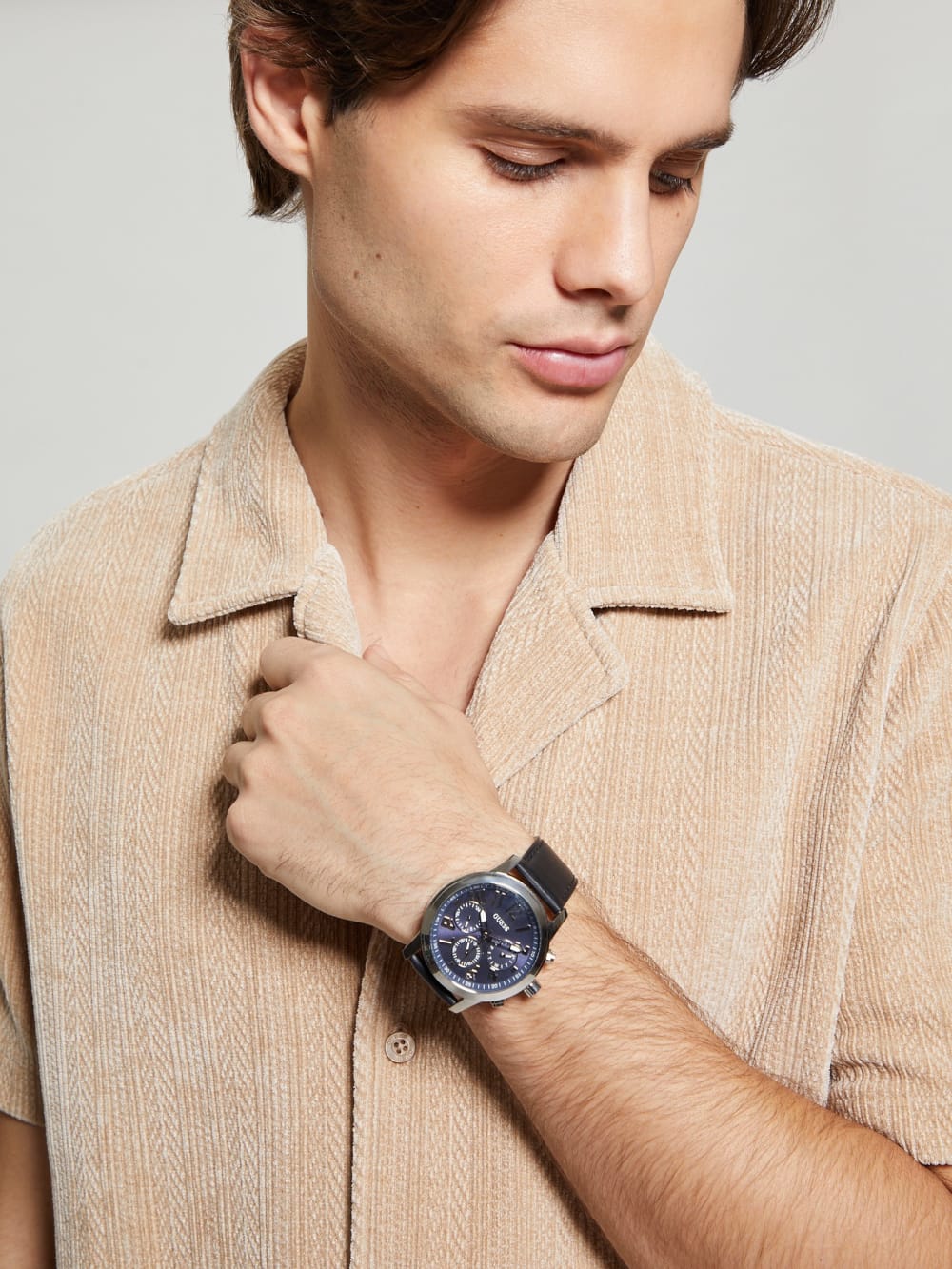 Silver-Tone Leather Multifunction Watch - Guess