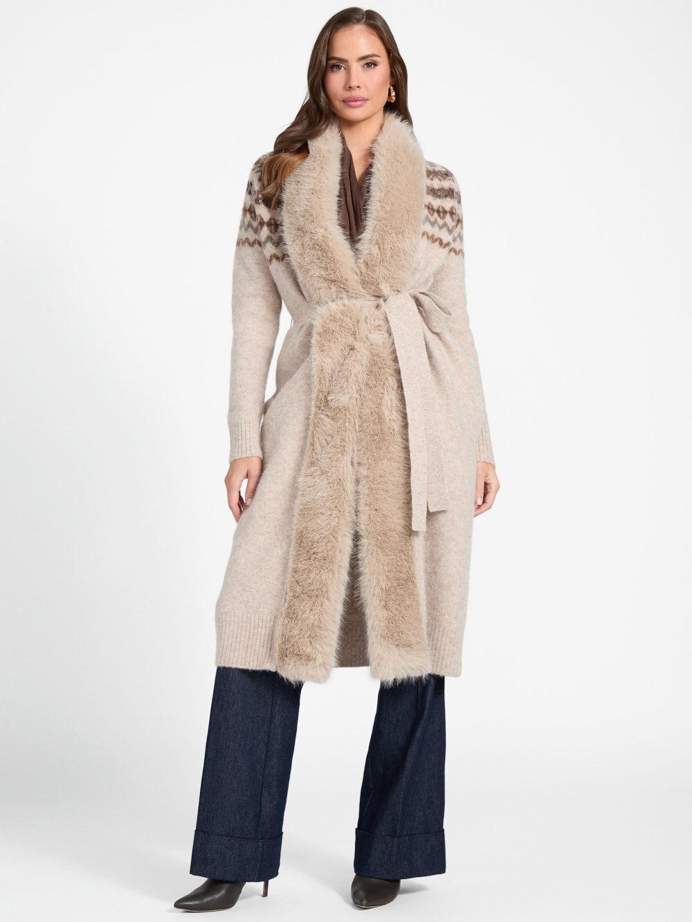 Akilah Faux Fur-Trim Longline Cardigan - Guess