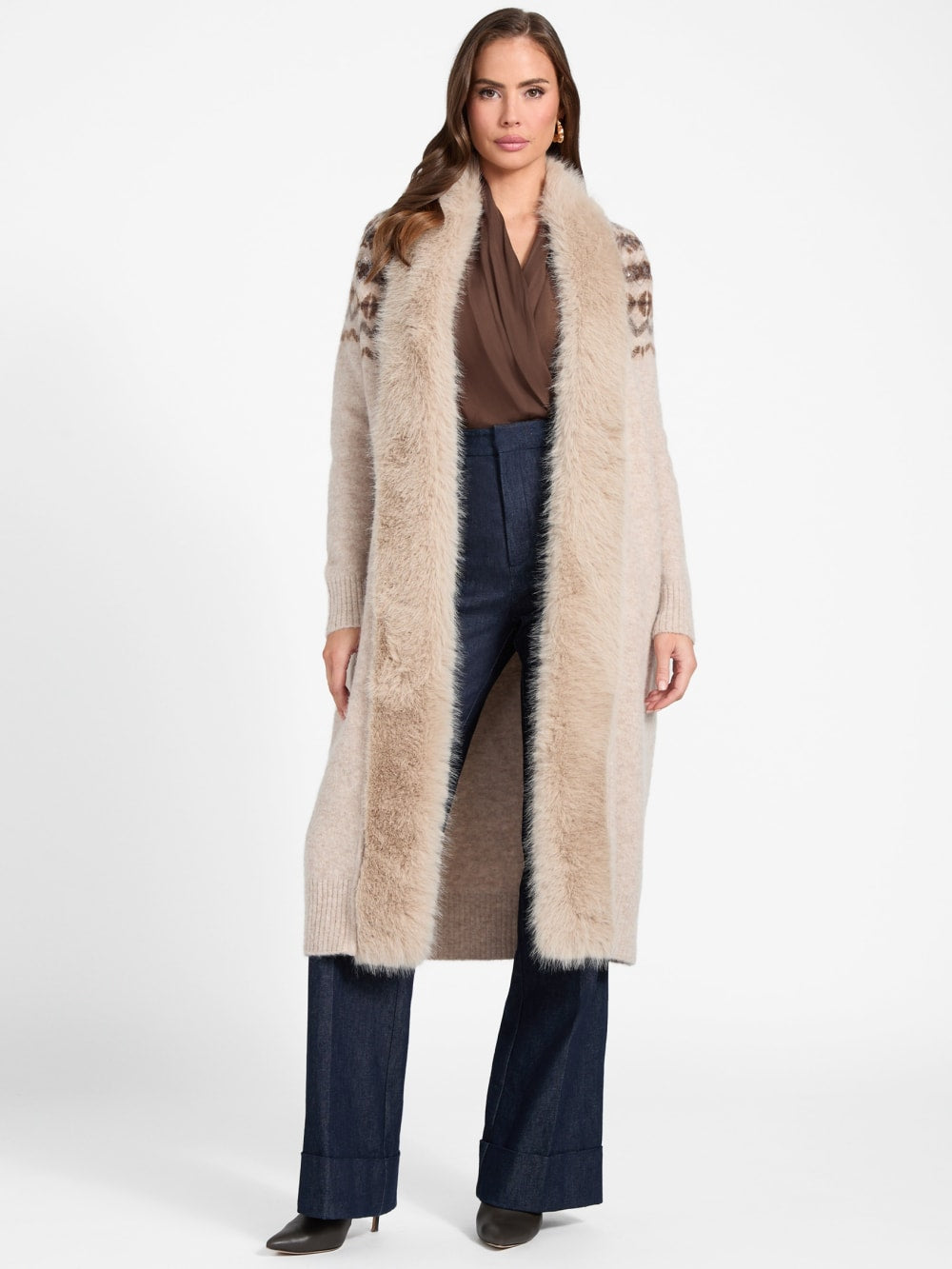 Akilah Faux Fur-Trim Longline Cardigan - Guess