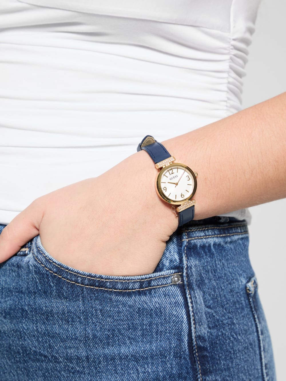 Gold-Tone and Navy Leather Analog Watch - Guess