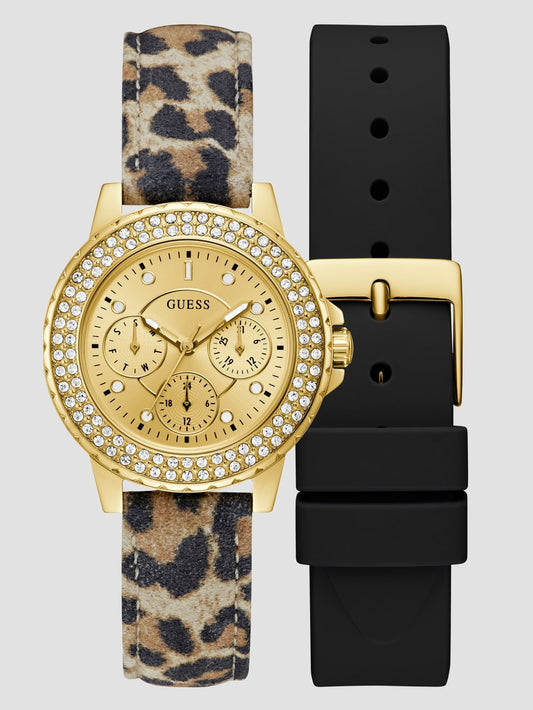 Gold-Tone Leather Multifunction Watch - Guess