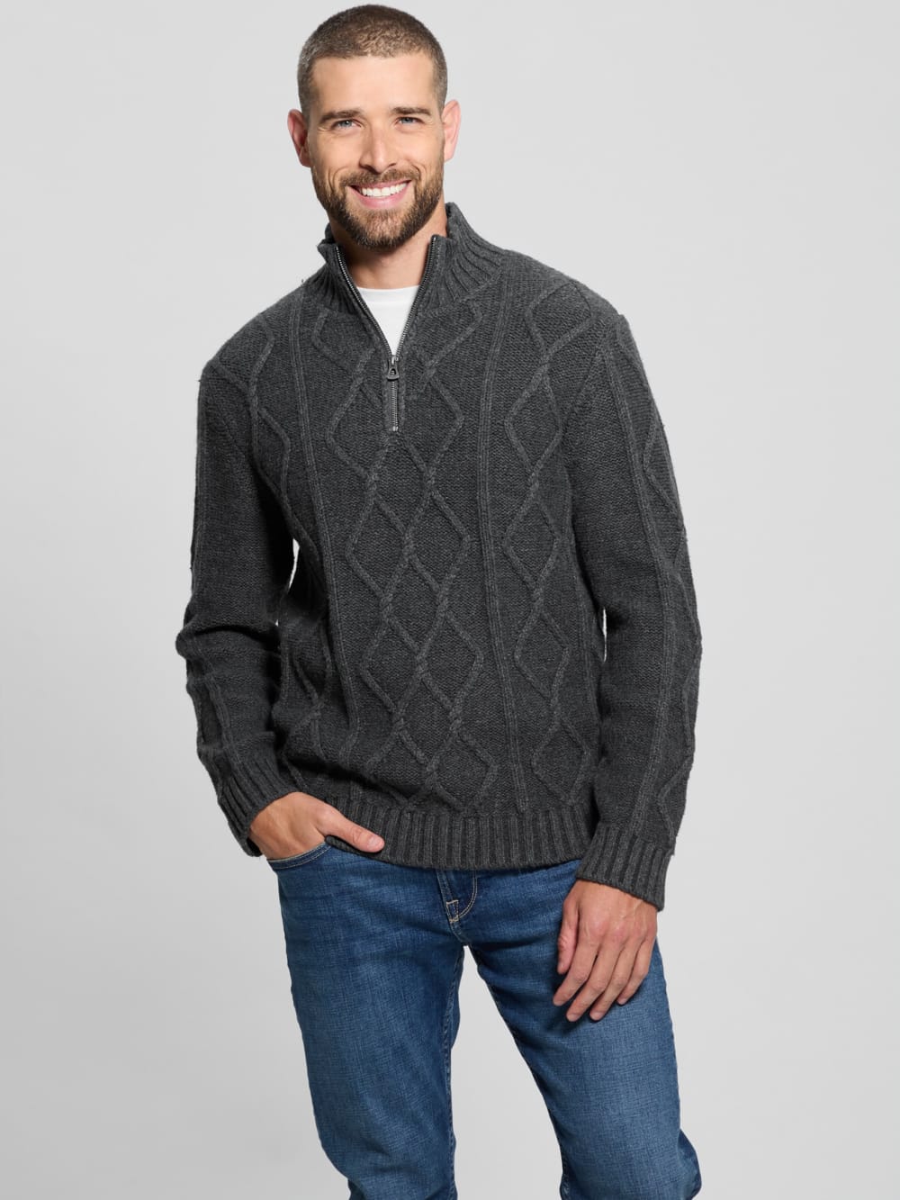 Diamond Cable-Knit Half-Zip Sweater - Guess