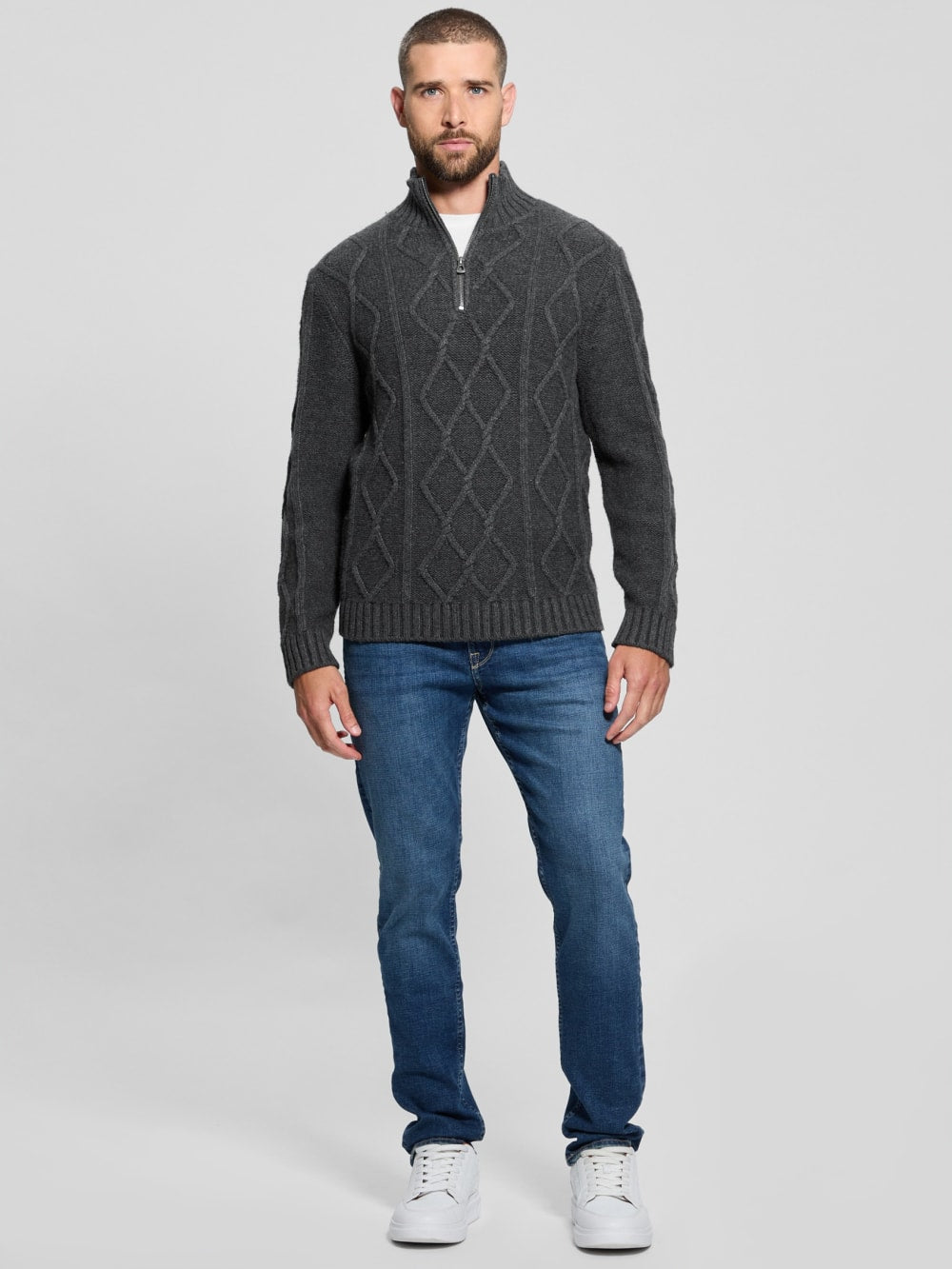 Diamond Cable-Knit Half-Zip Sweater - Guess