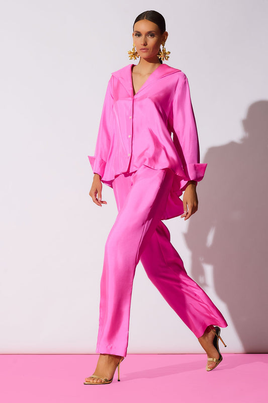 NATORI Solid Silk Twill Button Down Trapeze Shirt