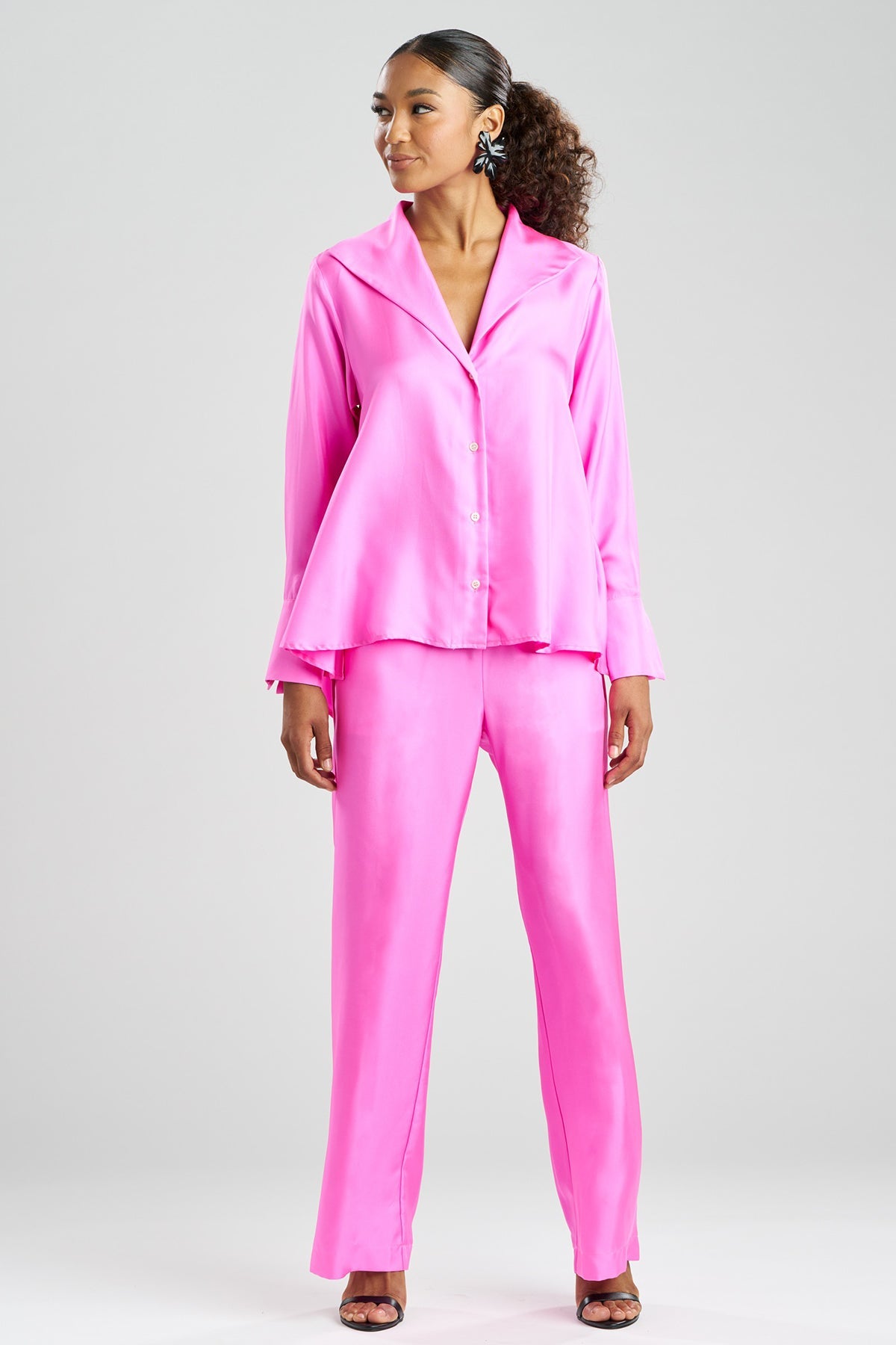 NATORI Solid Silk Twill Button Down Trapeze Shirt