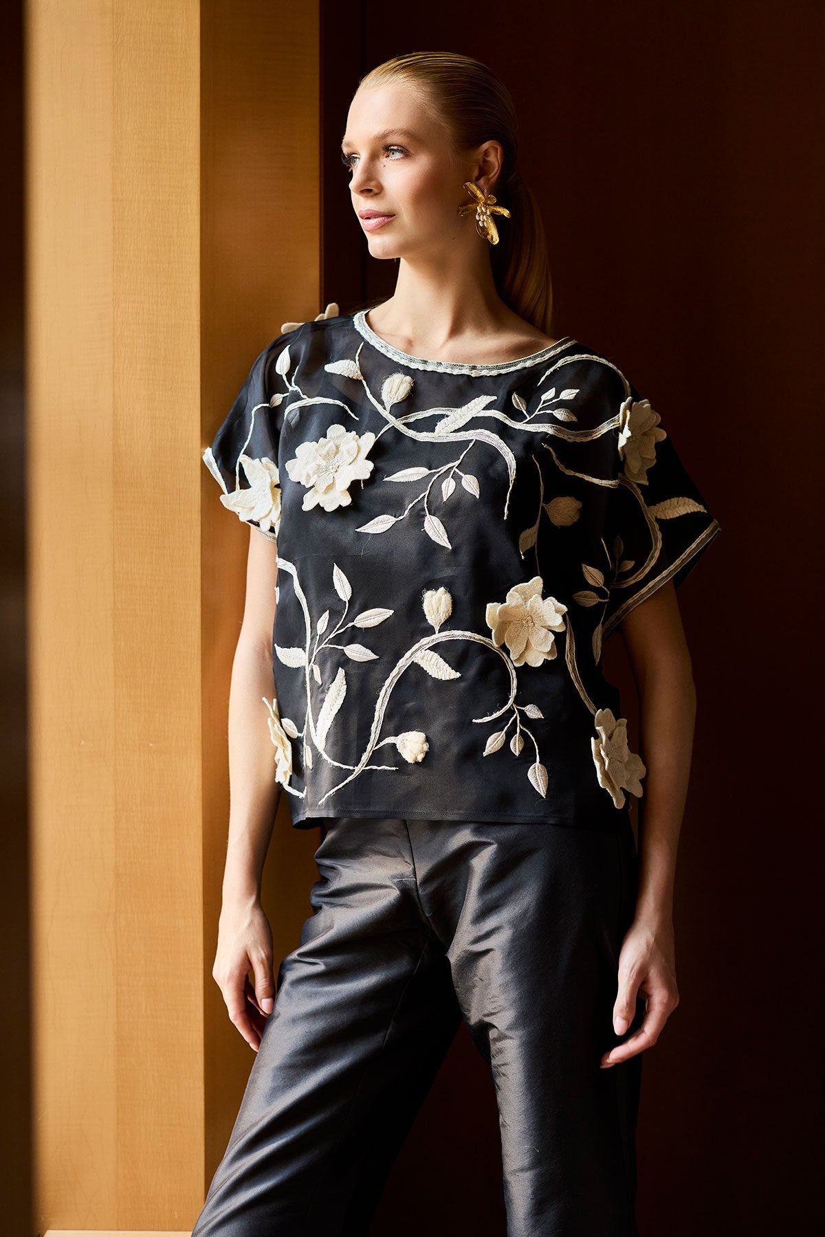 NATORI Couture Silk Organza Embellished Top