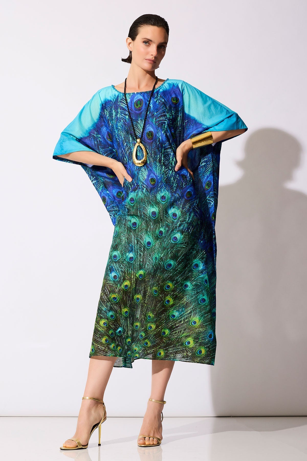 NATORI Peacock Cotton Voile Beaded Caftan