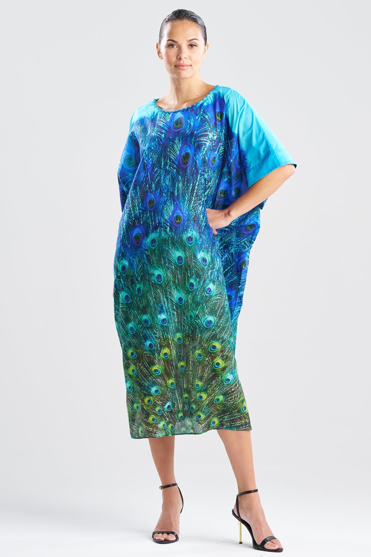 NATORI Peacock Cotton Voile Beaded Caftan
