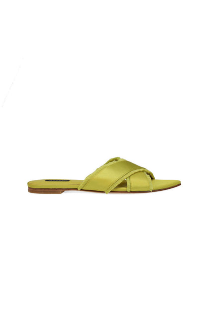 NATORI Buy Wayu Satin Fringe Cross Slide Sandals in Chartreuse Online