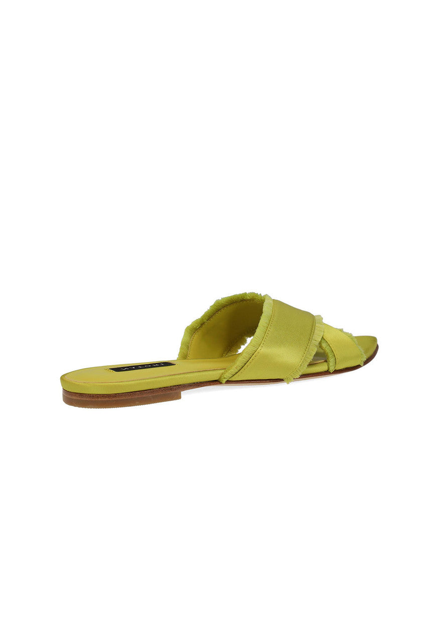 NATORI Buy Wayu Satin Fringe Cross Slide Sandals in Chartreuse Online