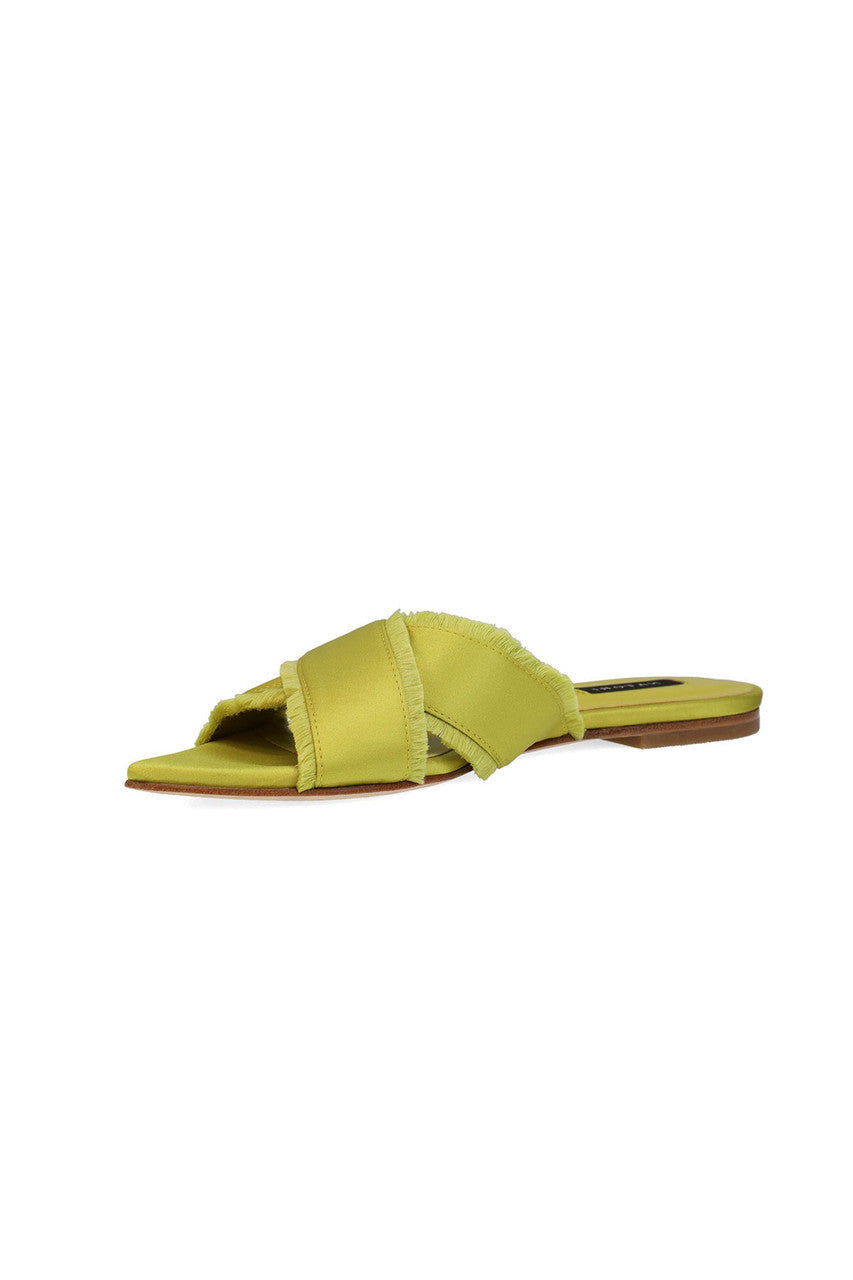 NATORI Buy Wayu Satin Fringe Cross Slide Sandals in Chartreuse Online