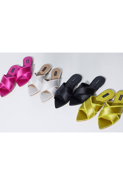 NATORI Buy Wayu Satin Fringe Cross Slide Sandals in Chartreuse Online