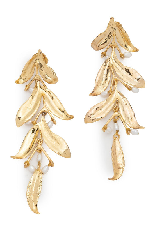NATORI Fresh Water Pearl & Gold Plated Drop Leaf Pierced Earrings