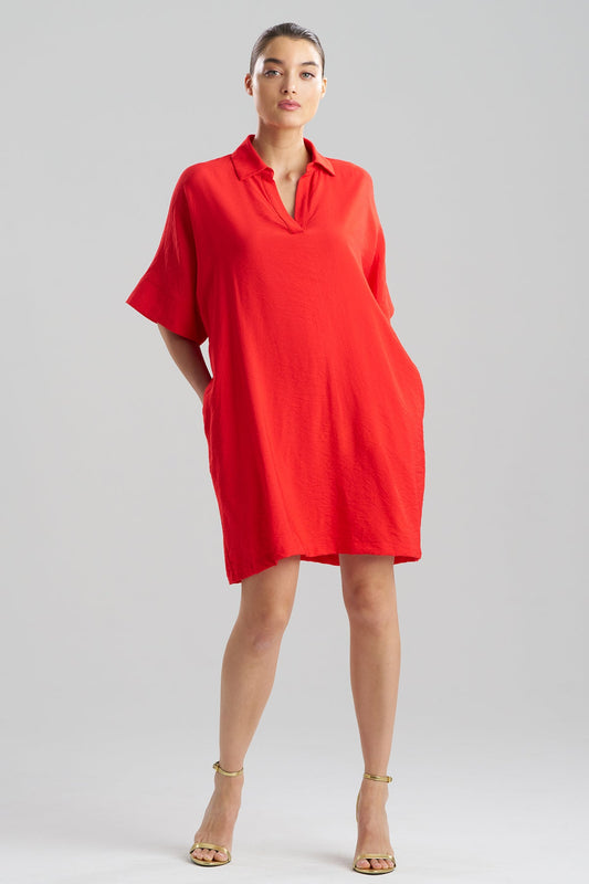 NATORI Solid Fluid Twill Short Sleeve Caftan Dress
