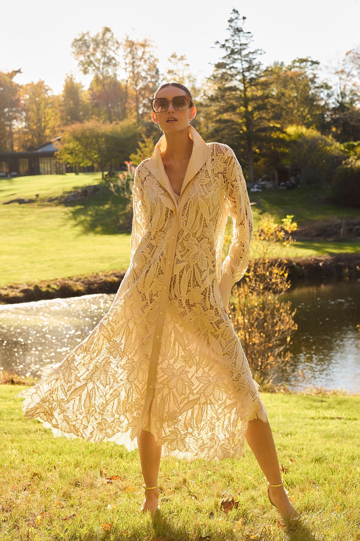 NATORI Crochet Lace Cotton Oversized Button Down Shirtdress