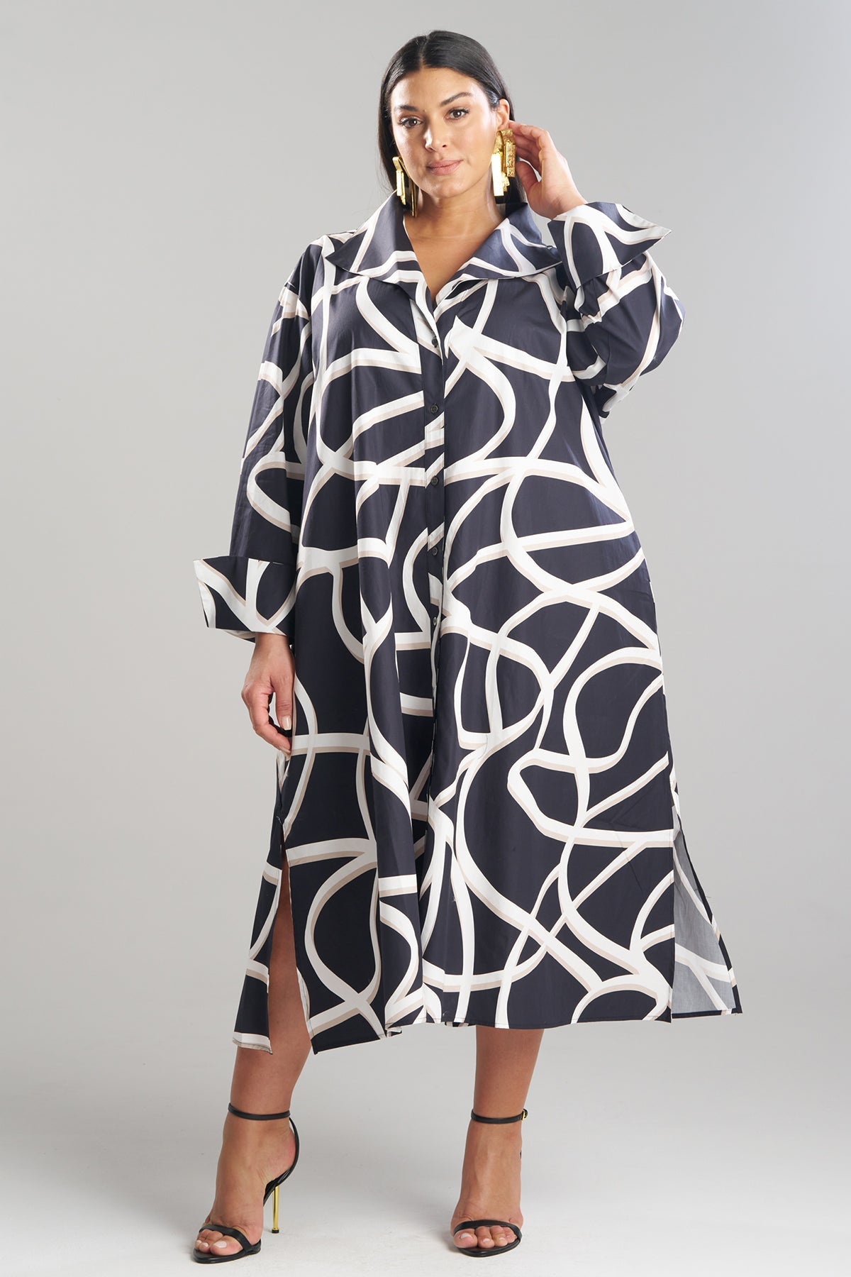 NATORI Spiral Cotton Taffeta Oversized Button Down Shirtdress