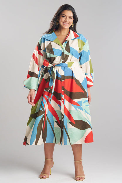NATORI Abstract Palm Cotton Poplin Oversized Button Down Shirtdress