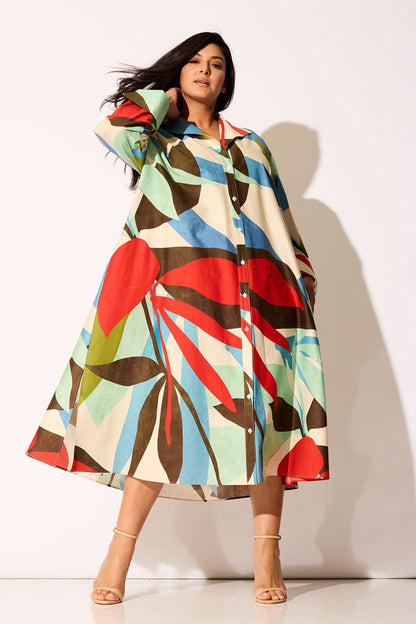 NATORI Abstract Palm Cotton Poplin Oversized Button Down Shirtdress