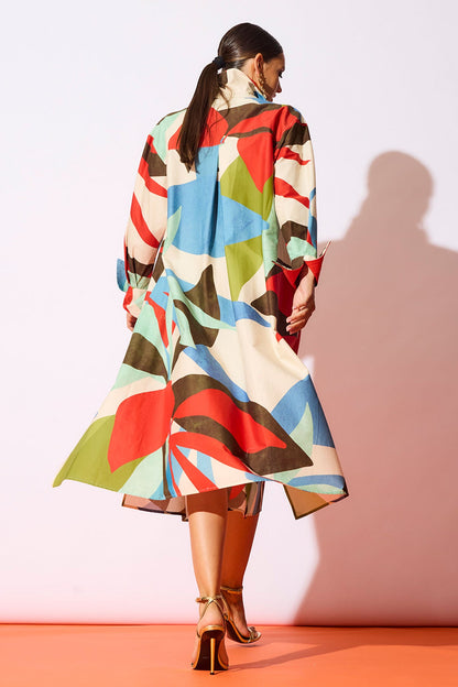 NATORI Abstract Palm Cotton Poplin Oversized Button Down Shirtdress