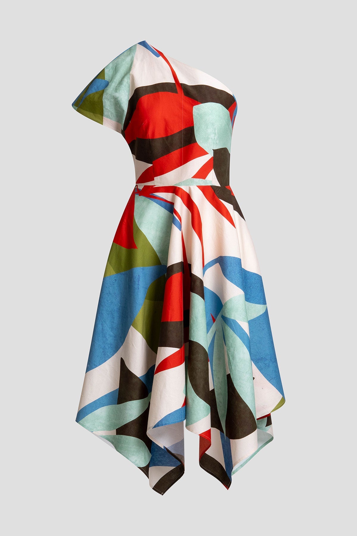 NATORI Abstract Palm Cotton Poplin One Shoulder Dress
