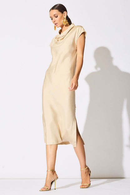 NATORI Solid Silk Twill Cowl Neck Sheath Dress