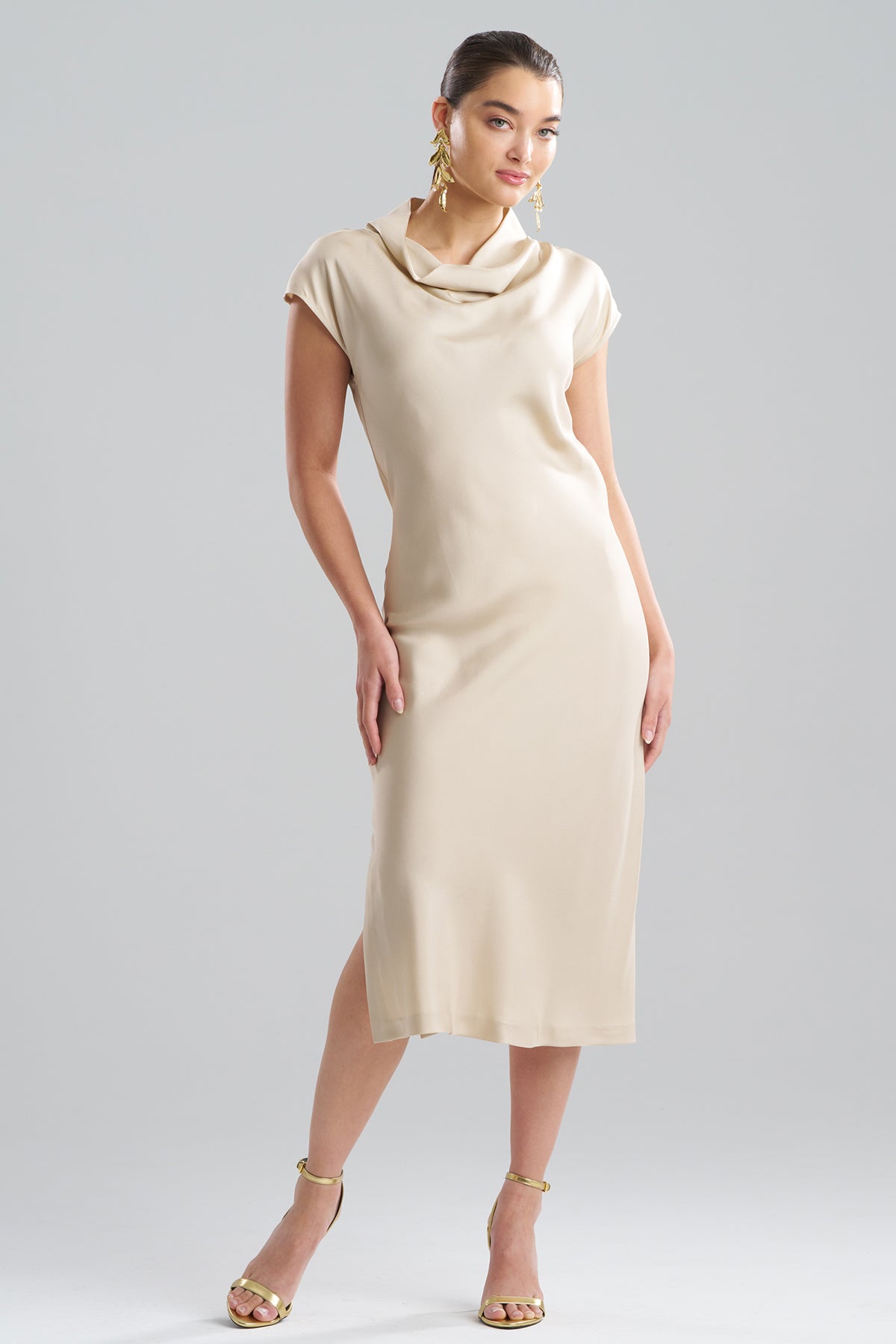 NATORI Solid Silk Twill Cowl Neck Sheath Dress