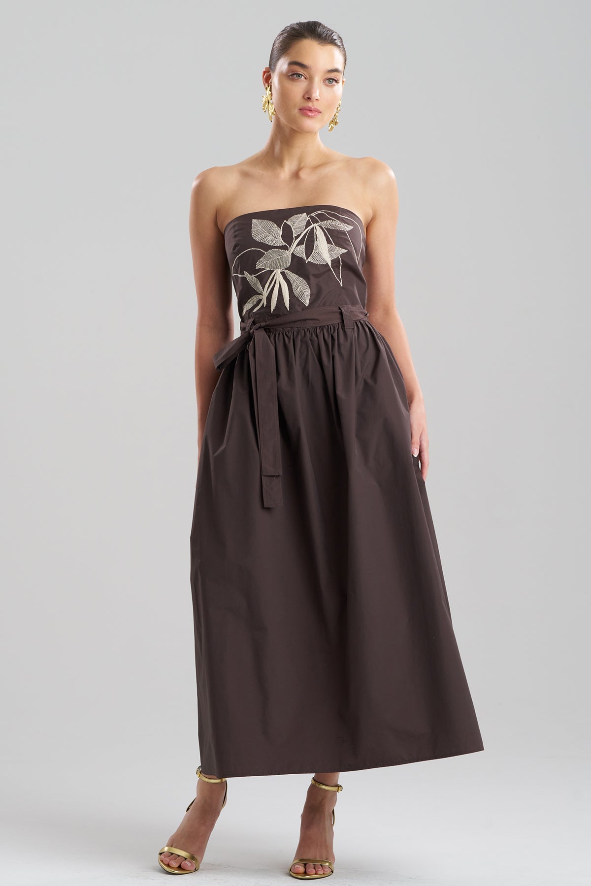 NATORI Techno Poplin Embroidered Strapless Belted Dress
