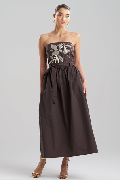 NATORI Techno Poplin Embroidered Strapless Belted Dress