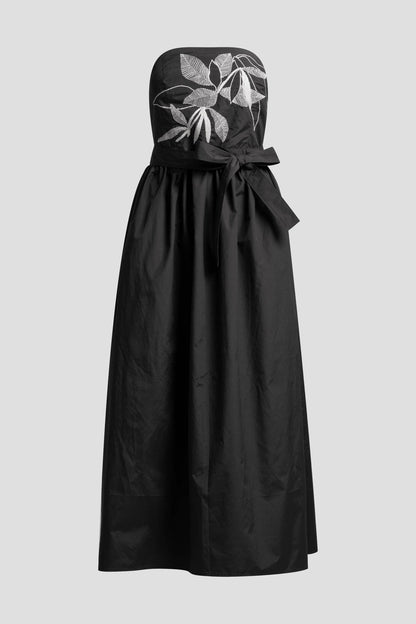 NATORI Techno Poplin Embroidered Strapless Belted Dress