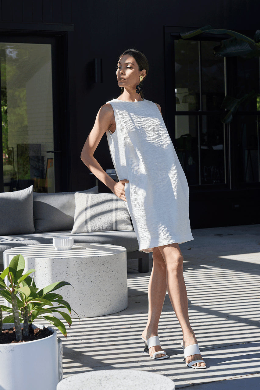 NATORI Buy Textured Cotton Jacquard Shift Dress in White Online