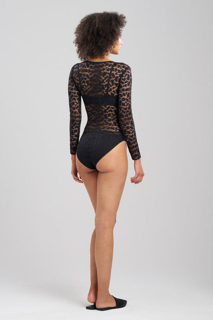 NATORI Buy Temptation Sheer Allover Lace Long Sleeve Bodysuit in Black Online