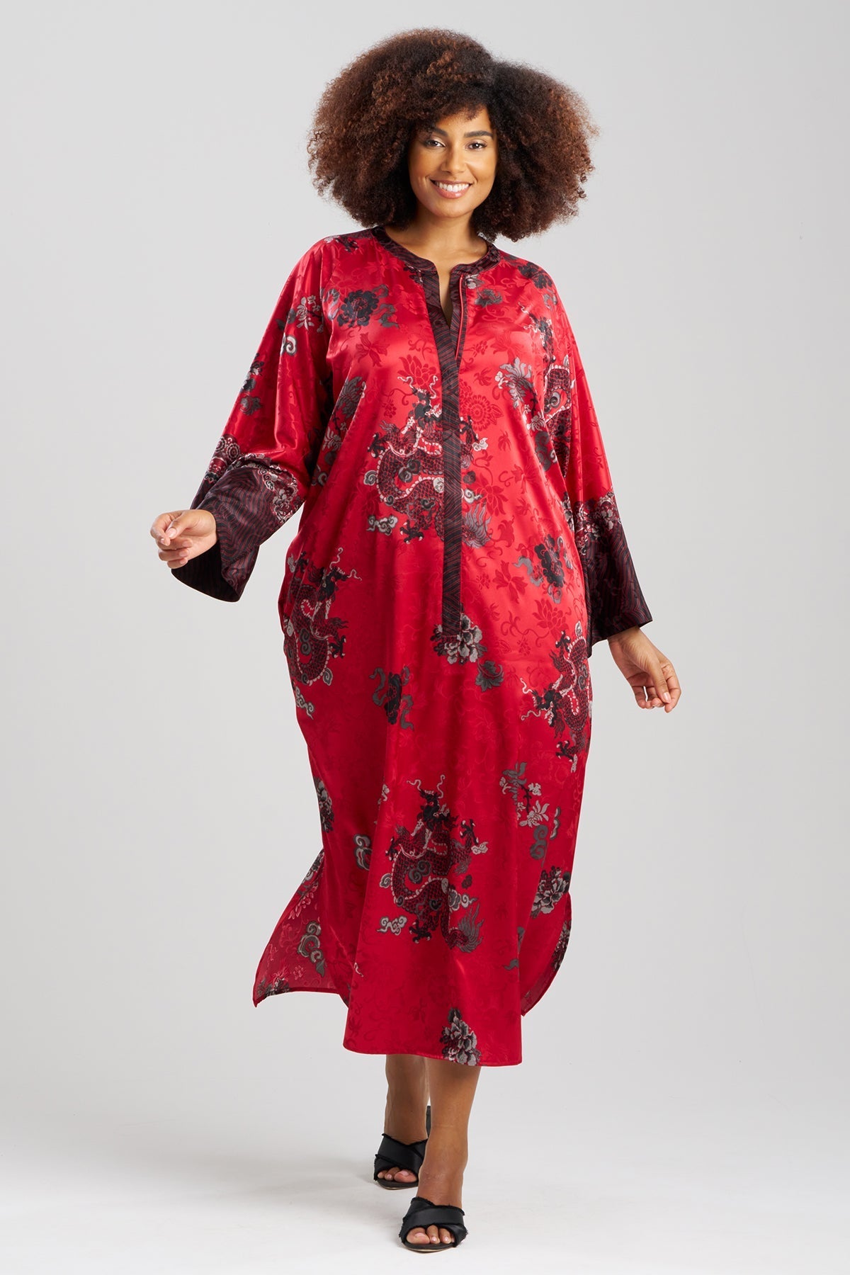 NATORI Buy Imperial Dragon Jacquard Zip Caftan in Red Online
