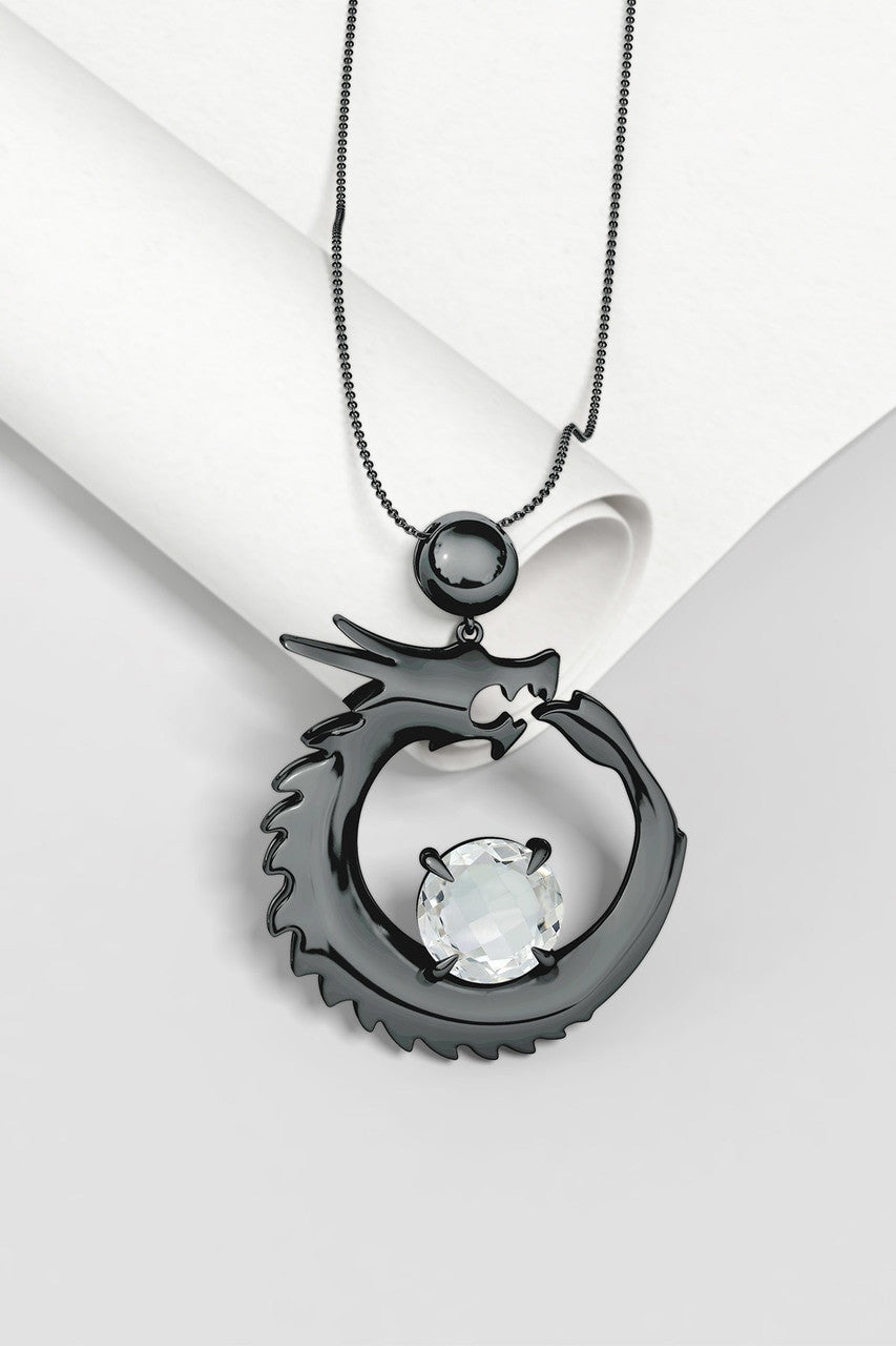 NATORI Buy Dragon Midnight Silver & White Topaz Slider Pendant Necklace in Midnight Silver Online