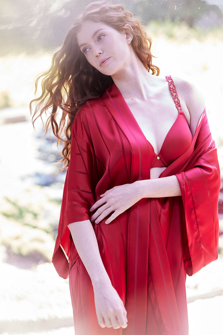 NATORI Buy Sheer Stripe Jacquard Wrap in Brocade Red Online