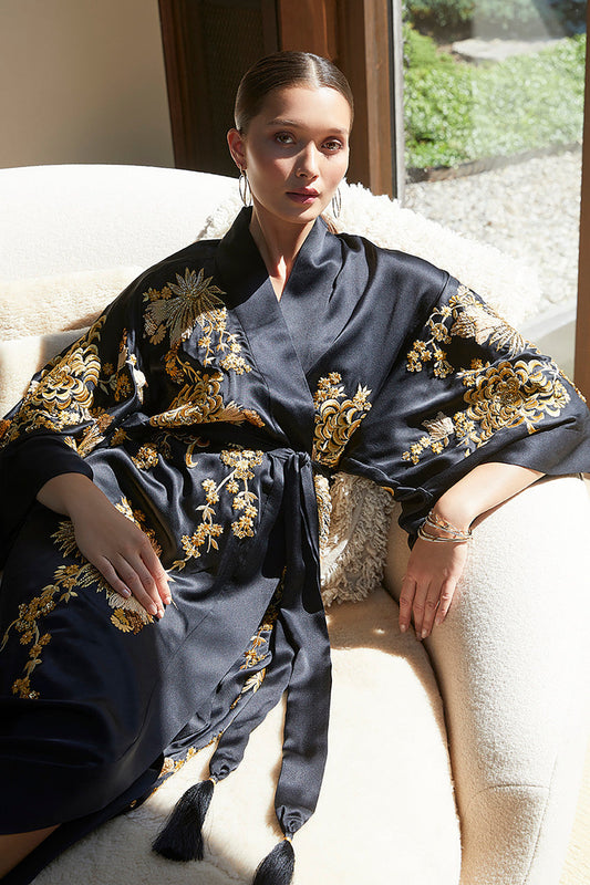 NATORI Buy Couture Floral Embroidery Silk Robe in Black Online