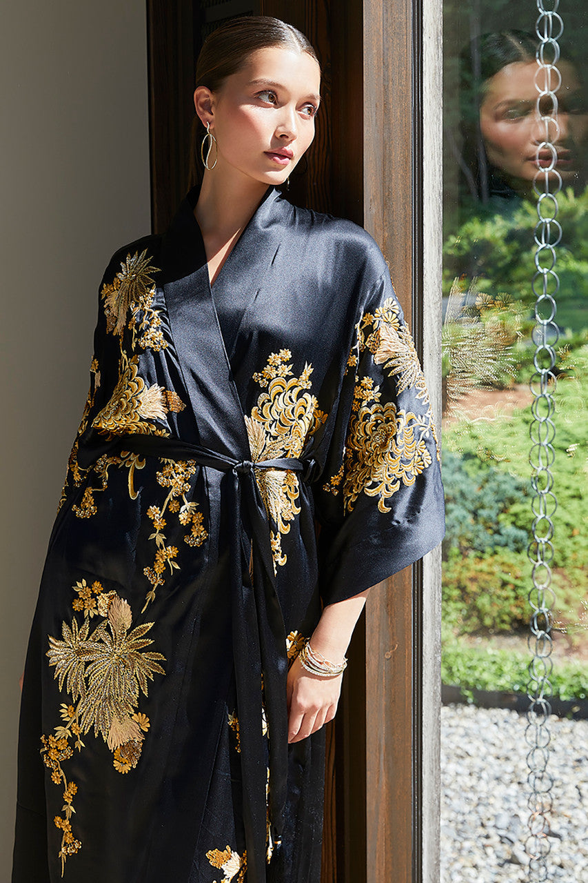 NATORI Buy Couture Floral Embroidery Silk Robe in Black Online